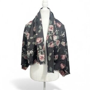 Lauren Conrad Floral Scarf Shawl Wrap Dark Gray Pink Roses Fringed